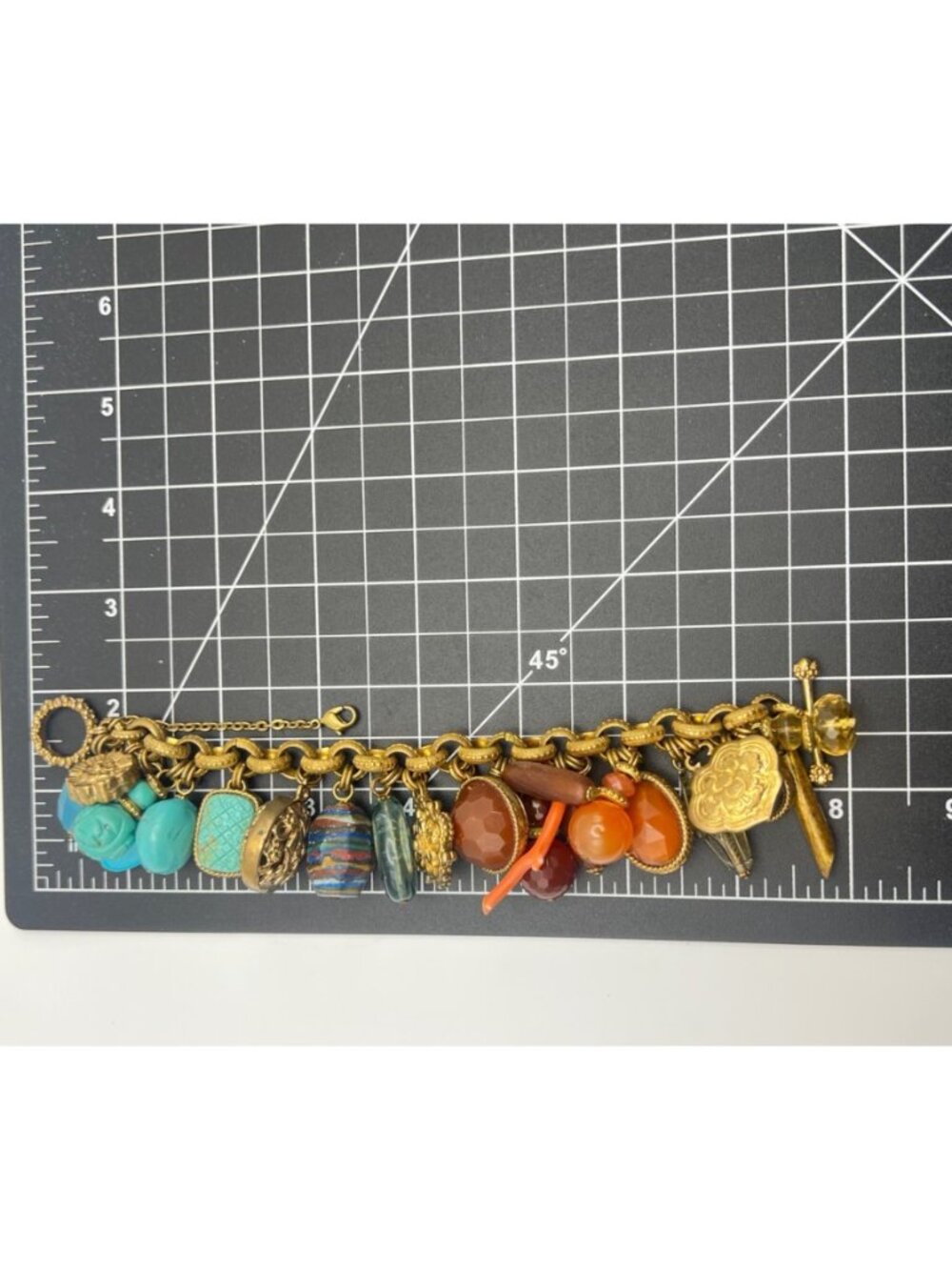 Stephen Dweck Charm Bracelet Vintage Bronze Turquoise Carnelian Gemstone - Picture 14 of 16